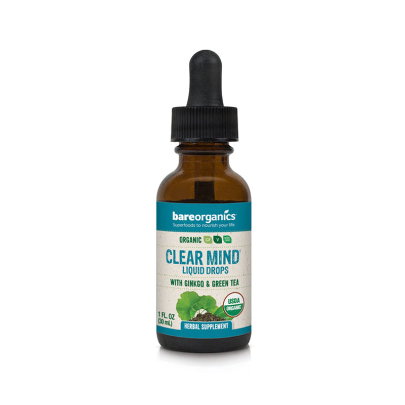 BareOrganics Organic Clear Mind (Ginkgo & Green Tea) Liquid Herbal Drops - 1 Fl Oz - 30ml