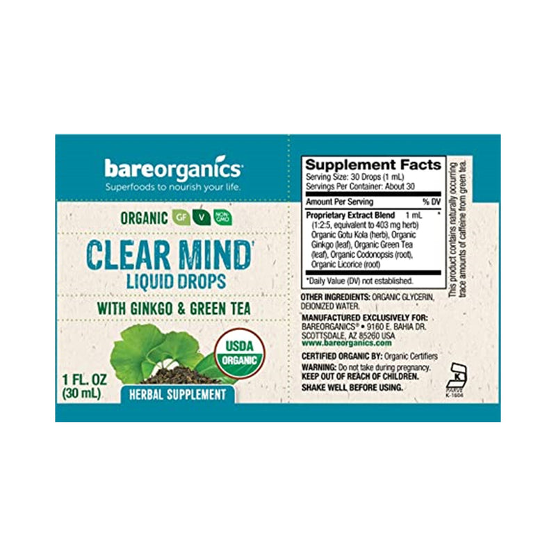 BareOrganics Organic Clear Mind (Ginkgo & Green Tea) Liquid Herbal Drops - 1 Fl Oz - 30ml