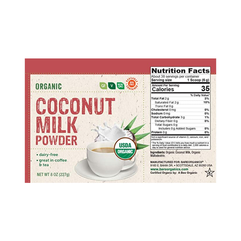 BareOrganics USA-Imported Organic Coconut Milk Powder - 8oz - 227g