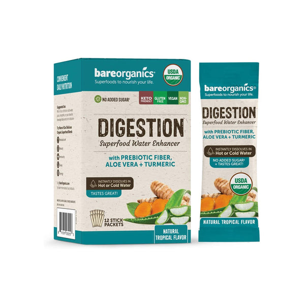 BareOrganics On-The-Go Organic Digestion Superfood Water Enhancer Natural Tropical  - 12 Sticks