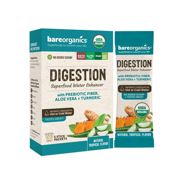 BareOrganics On-The-Go Organic Digestion Superfood Water Enhancer Natural Tropical  - 5 Sticks