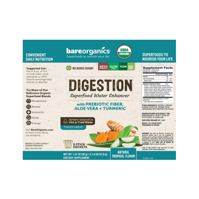 BareOrganics On-The-Go Organic Digestion Superfood Water Enhancer Natural Tropical  - 5 Sticks