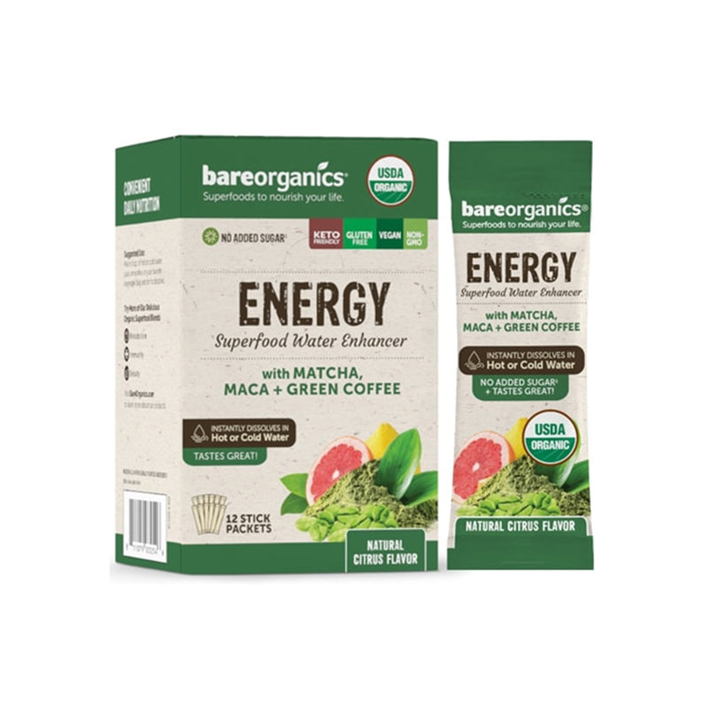 BareOrganics On-The-Go Organic Energy Superfood Water Enhancer Natural Citrus - 12 Sticks