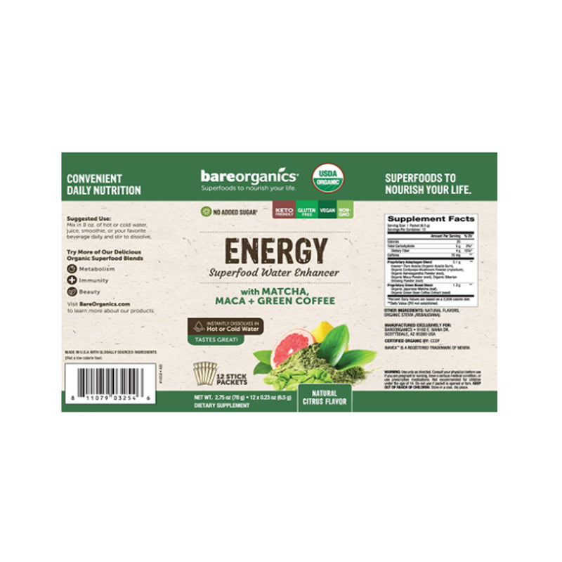 BareOrganics On-The-Go Organic Energy Superfood Water Enhancer Natural Citrus - 12 Sticks