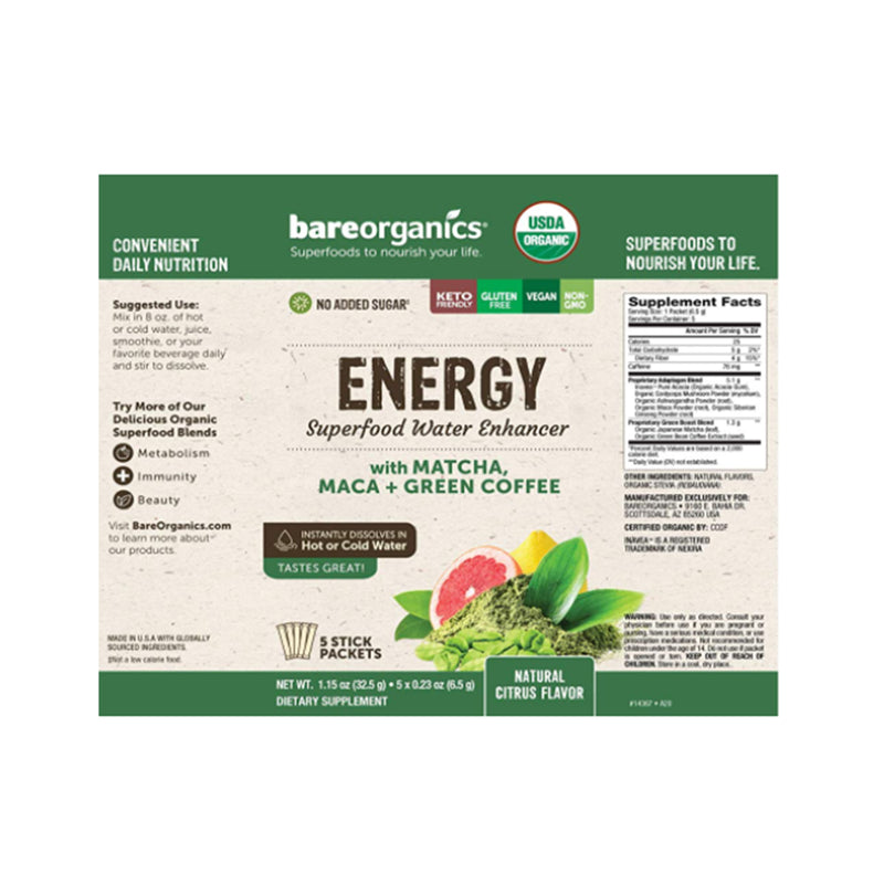 BareOrganics On-The-Go Organic Energy Superfood Water Enhancer Natural Citrus - 5 Sticks