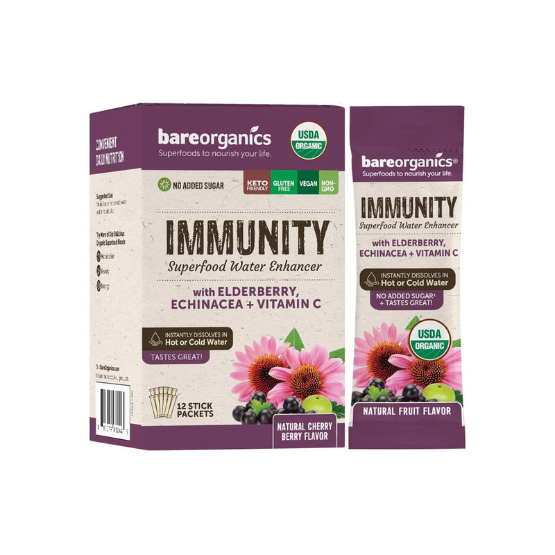 BareOrganics On-The-Go Organic Immunity Superfood Water Enhancer Natural Fruit  - 12 Sticks