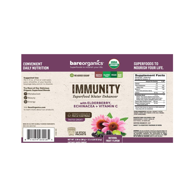 BareOrganics On-The-Go Organic Immunity Superfood Water Enhancer Natural Fruit  - 12 Sticks