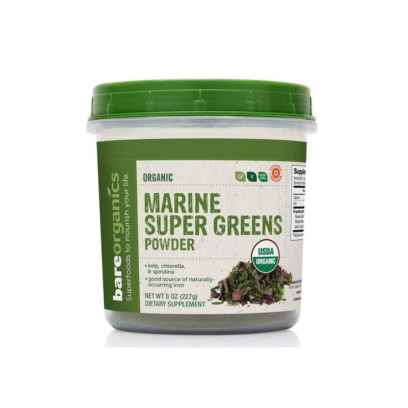 Bareorganics Superfoods Raw Organic Marine Super Greens Blend Powder (W/ Kelp, Chlorella & Spirulina) - 8oz - 227g