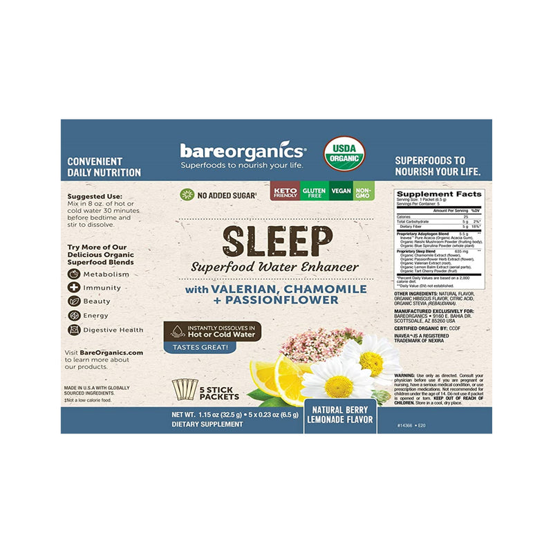 BareOrganics On-The-Go Organic Sleep Superfood Water Enhancer Natural Lemonade - 5 Sticks