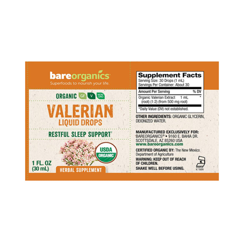 BareOrganics Valerian (Sleep Support) Liquid Herbal Drops - 1 Fl Oz - 30ml