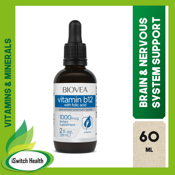 Biovea Vitamin B12 With Folic Acid Liquid Drops (1000mcg) - (2Oz) - 60Ml