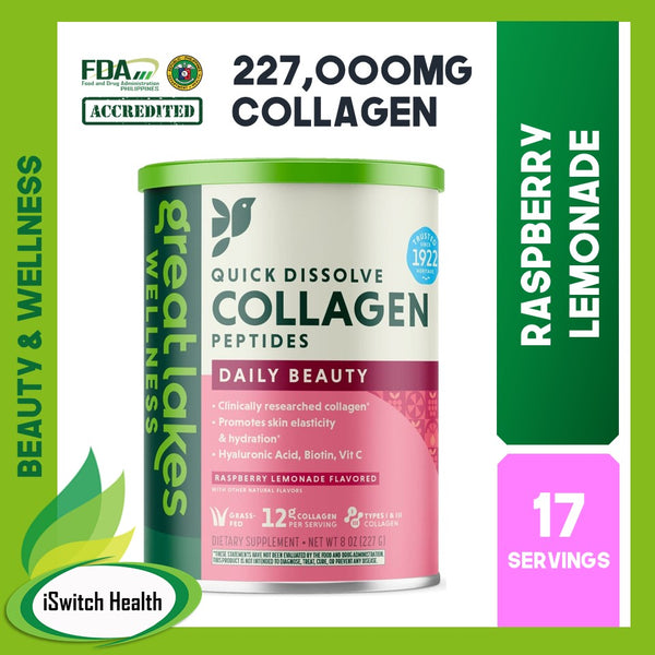 Great Lakes Wellness Collagen Quick Dissolve Collagen Peptides - Daily Beauty - Raspberry Lemonade - 17 Servings | Collagen peptides | For skin nourishment | Collagen for men and women