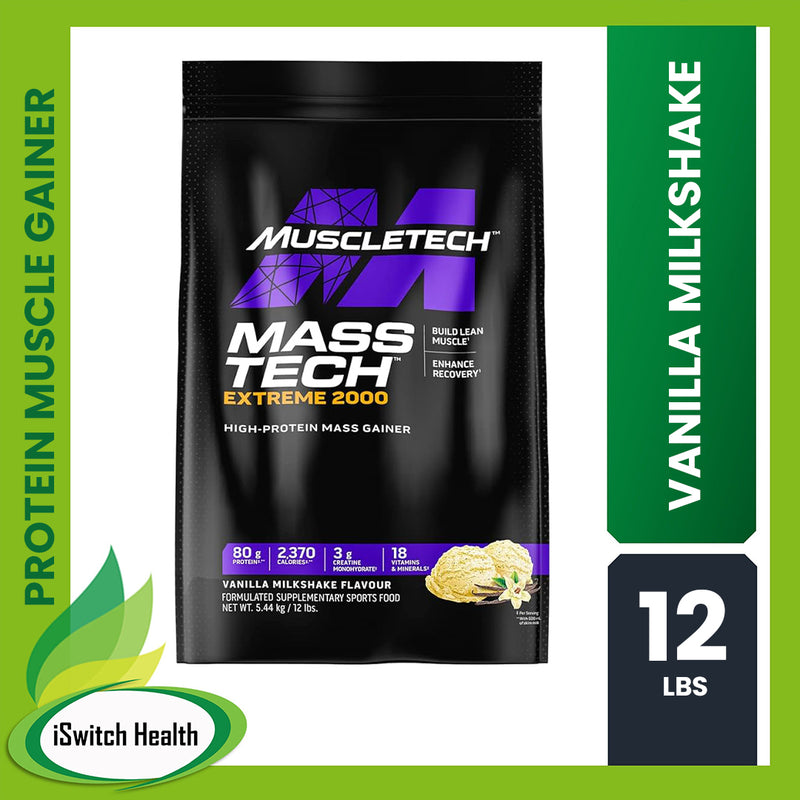 MUSCLETECH MASS TECH EXTREME 2000 HIGH PROTEIN MASS GAINER - 12LBS - VANILLA MILKSHAKE