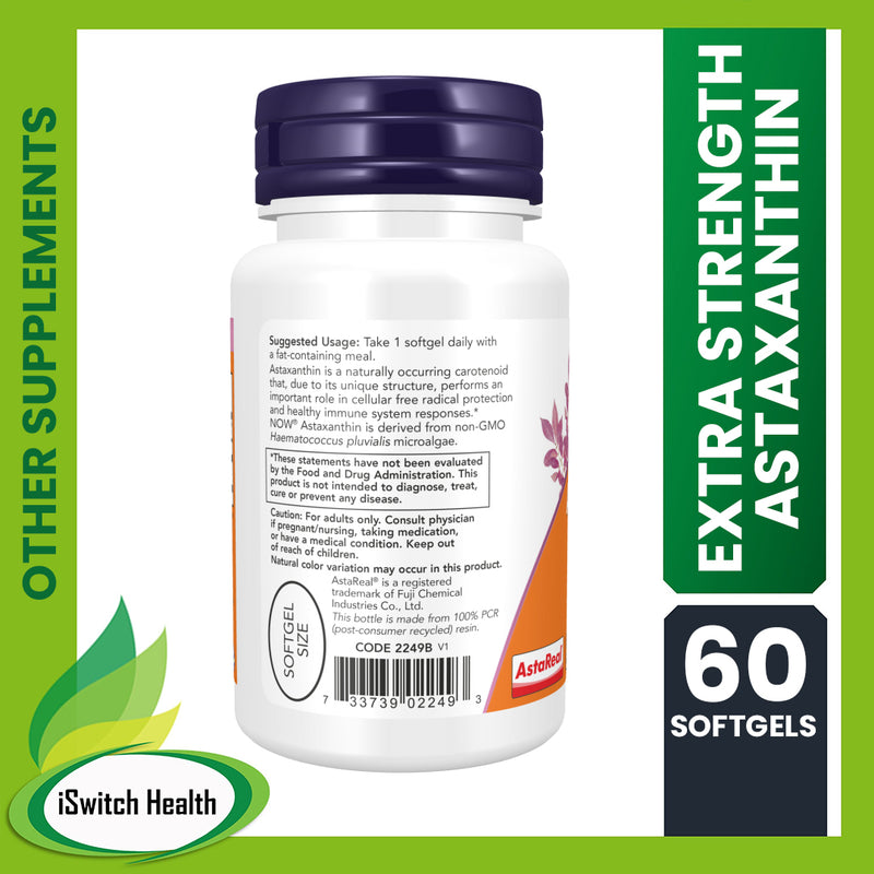 NOW FOODS EXTRA STRENGTH ASTAXANTHIN FOR CELLULAR PROTECTION 60 SOFTGELS