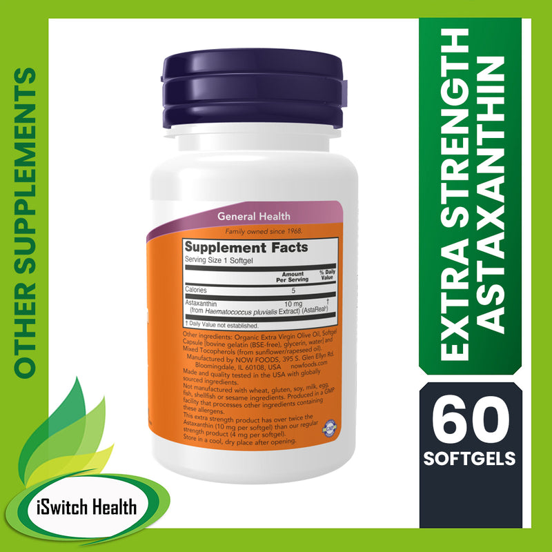 NOW FOODS EXTRA STRENGTH ASTAXANTHIN FOR CELLULAR PROTECTION 60 SOFTGELS